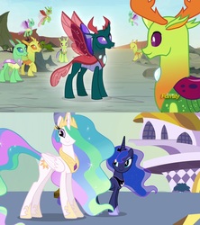 Size: 1280x1440 | Tagged: safe, screencap, arista, clypeus, frenulum (g4), lokiax, pharynx, princess celestia, princess luna, thorax, changedling, changeling, g4, princess twilight sparkle (episode), to change a changeling, changedling brothers, comparison, discovery family logo, king thorax, prince pharynx, royal sisters