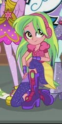 Size: 244x485 | Tagged: safe, screencap, fluttershy, lemon zest, sci-twi, sunny flare, twilight sparkle, equestria girls, equestria girls specials, g4, my little pony equestria girls: dance magic, boots, clothes, cropped, female, headphones, high heel boots, offscreen character, sci-twilicorn, shoes, smiling, twilight sparkle (alicorn), zest best dress