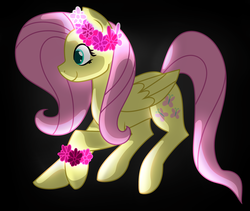 Size: 2740x2308 | Tagged: safe, artist:azure-quill, fluttershy, pegasus, pony, g4, female, flower, flower in hair, folded wings, glowing, high res, mare, profile, smiling, solo