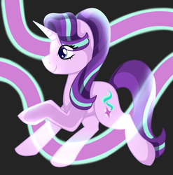 Size: 2473x2505 | Tagged: safe, artist:azure-quill, starlight glimmer, pony, unicorn, g4, abstract background, backwards cutie mark, female, glowing, high res, mare, profile, raised hoof, smiling, solo