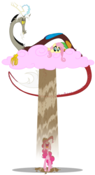 Size: 1280x2345 | Tagged: safe, artist:grievousfan, discord, fluttershy, pinkie pie, draconequus, earth pony, pegasus, pony, g4, chocolate, chocolate rain, cloud, cotton candy, cotton candy cloud, drinking, female, food, hooves, horns, male, mare, on a cloud, open mouth, pink cloud, rain, simple background, sitting on a cloud, transparent background, wings