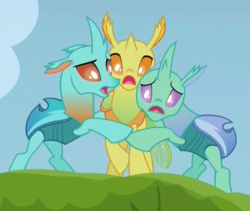 Size: 413x348 | Tagged: safe, screencap, clypeus, cornicle, soupling, changedling, changeling, g4, to change a changeling, adorable distress, background changeling, cropped, cute, cuteling, scared, trio