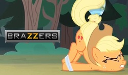 Size: 774x458 | Tagged: safe, edit, edited screencap, screencap, applejack, earth pony, pony, campfire tales, g4, bondage, brazzers, cropped, female, fly-der bite, forest, hogtied, solo