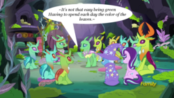 Size: 1280x720 | Tagged: safe, screencap, arista, clypeus, cornicle, frenulum (g4), lokiax, soupling, starlight glimmer, thorax, trixie, tymbal, changedling, changeling, pony, unicorn, g4, to change a changeling, butt, female, hippieling, king thorax, mare, plot, sitting, song reference, the muppets