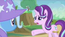 Size: 915x515 | Tagged: safe, screencap, starlight glimmer, trixie, pony, g4, to change a changeling, discovery family logo