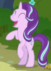 Size: 270x370 | Tagged: safe, screencap, starlight glimmer, pony, unicorn, g4, season 7, to change a changeling, animated, cropped, cute, discovery family logo, excited, eyes closed, female, gif, glimmerbetes, grin, happy, hoofy-kicks, horses doing horse things, mare, open mouth, rearing, smiling, solo