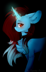 Size: 480x736 | Tagged: safe, artist:twinkepaint, oc, oc only, oc:dess, pony, unicorn, chest fluff, choker, female, gift art, glowing horn, horn, looking at you, magic, mare, smiling, solo