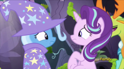 Size: 915x515 | Tagged: safe, screencap, starlight glimmer, thorax, trixie, changedling, changeling, g4, to change a changeling, discovery family logo, king thorax