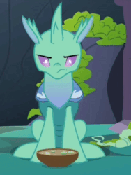 Size: 360x480 | Tagged: safe, screencap, soupling, changedling, changeling, g4, season 7, to change a changeling, :o, animated, changeling food, cropped, cute, cuteling, food, gif, happy, open mouth, solo, soup, that changeling sure does love soup