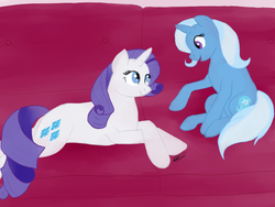 Size: 1024x768 | Tagged: safe, artist:sarcastictrixie, rarity, trixie, pony, unicorn, g4, couch, female, lesbian, looking at each other, mare, open mouth, rarixie, shipping, signature, smiling