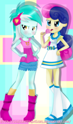 Size: 2977x5065 | Tagged: safe, artist:vixelzf, bon bon, lyra heartstrings, sweetie drops, equestria girls, g4, abstract background, blushing, boots, candy, clothes, cutie mark necklace, dress, duo, female, food, high res, lollipop, shoes, socks