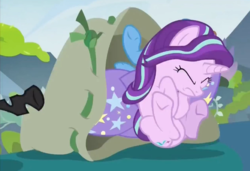 Size: 631x432 | Tagged: safe, screencap, pharynx, starlight glimmer, trixie, changeling, pony, unicorn, g4, to change a changeling, bag, cropped, eyes closed, female, freeze frame, frown, mare, out of context, solo focus, underhoof