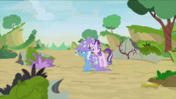 Size: 400x225 | Tagged: safe, screencap, pharynx, starlight glimmer, trixie, pony, g4, to change a changeling, animated, bag, bagged, discovery family logo, female, gif, kidnapped, sack