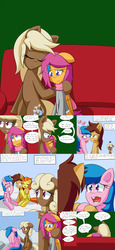 Size: 2400x5200 | Tagged: safe, artist:jake heritagu, firefly, scootaloo, stormy flare, oc, oc:high rise, oc:sandy hooves, pony, comic:ask motherly scootaloo, g4, clothes, comic, couch, crying, flashback, hairpin, motherly scootaloo, scarf, sweatshirt