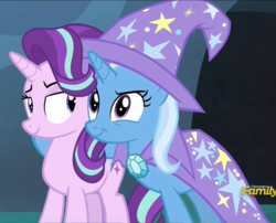 Size: 636x515 | Tagged: safe, screencap, starlight glimmer, trixie, pony, g4, to change a changeling, best friends, cropped, discovery family logo