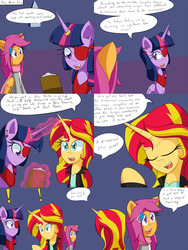 Size: 2400x3200 | Tagged: safe, artist:jake heritagu, scootaloo, sunset shimmer, twilight sparkle, alicorn, pony, comic:ask motherly scootaloo, g4, clipboard, clothes, comic, eyepatch, hairpin, high res, motherly scootaloo, ring, scarf, sweatshirt, twilight sparkle (alicorn), wedding ring