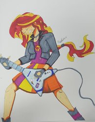 Size: 1024x1314 | Tagged: safe, artist:missmayaleanne, sunset shimmer, equestria girls, g4, my little pony equestria girls: rainbow rocks, clothes, collar, electric guitar, female, fingerless gloves, flying v, gloves, guitar, jacket, leather jacket, musical instrument, rock (music), simple background, solo, traditional art