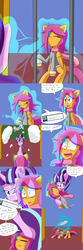 Size: 1600x4800 | Tagged: safe, artist:jake heritagu, scootaloo, starlight glimmer, pony, comic:ask motherly scootaloo, g4, ask, aura, bars, clothes, comic, hairpin, motherly scootaloo, scarf, sweatshirt, teleportation, unconscious