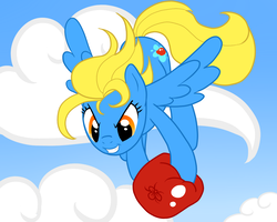 Size: 1280x1024 | Tagged: safe, artist:celestialess, oc, oc only, oc:water bomb, pegasus, pony, balloon, cloud, female, flying, sky, solo, water balloon