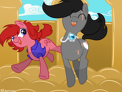 Size: 1600x1200 | Tagged: safe, artist:celestialess, oc, oc only, oc:livestrong, oc:slash fan, pony, amputee, bouncy castle, duo, jewelry, necklace, old art, old design
