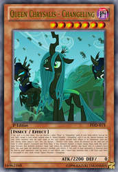 Size: 813x1185 | Tagged: safe, edit, edited screencap, screencap, queen chrysalis, changeling, changeling queen, g4, the cutie re-mark, alternate timeline, card game, changeling armor, chrysalis resistance timeline, everfree forest, female, tcg editor, trading card edit, yu-gi-oh!, yugioh card