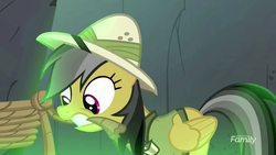 Size: 1280x720 | Tagged: safe, screencap, daring do, pony, daring done?, g4, female, mare, mouth hold, rope, solo