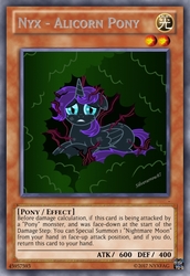 Size: 419x610 | Tagged: safe, artist:silverarrow87, oc, oc only, oc:nyx, alicorn, pony, fanfic:past sins, card game, solo, yu-gi-oh!, yugioh card, yugioh card maker