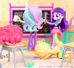 Size: 1080x1002 | Tagged: safe, applejack, pinkie pie, princess celestia, principal celestia, twilight sparkle, equestria girls, g4, official, concentrating, doll, equestria girls minis, eqventures of the minis, focus, inattention, instagram, irl, photo, silly human, sleeping, toy