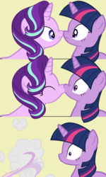 Size: 692x1156 | Tagged: safe, artist:startwi, starlight glimmer, twilight sparkle, pony, unicorn, g4, base used, boop, comic, cute, eyes closed, female, glimmerbetes, kissing, lesbian, mare, noseboop, ship:twistarlight, shipping, simple background, surprise kiss, surprised, twiabetes