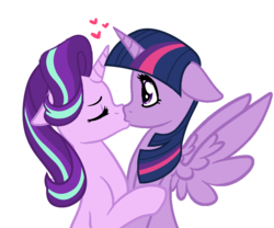 Size: 1000x830 | Tagged: safe, artist:startwi, starlight glimmer, twilight sparkle, alicorn, pony, g4, eyes closed, female, heart, kissing, lesbian, ship:twistarlight, shipping, simple background, transparent background, twilight sparkle (alicorn)
