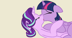 Size: 1024x545 | Tagged: safe, artist:startwi, starlight glimmer, twilight sparkle, alicorn, pony, g4, base used, eyes closed, female, french kiss, hug, kissing, lesbian, lidded eyes, mare, ship:twistarlight, shipping, simple background, twilight sparkle (alicorn)