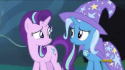 Size: 324x182 | Tagged: safe, screencap, starlight glimmer, trixie, pony, unicorn, g4, season 7, to change a changeling, animated, cape, clothes, cute, discovery family logo, female, gif, glimmerbetes, hat, trixie's cape, trixie's hat