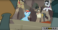 Size: 1839x947 | Tagged: safe, edit, edited screencap, screencap, biff, doctor caballeron, rainbow dash, rogue (g4), withers, earth pony, pegasus, pony, daring done?, g4, brazzers, female, henchmen, imminent gangbang, male, mare, stallion