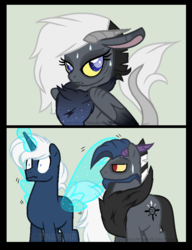 Size: 642x836 | Tagged: safe, artist:ipandacakes, artist:sinamuna, oc, oc only, oc:calliope, oc:luminescence, oc:sin shade, draconequus, pony, artificial wings, augmented, base used, collaboration, comic, draconequus oc, glowing horn, horn, magic, magic wings, old art, rule 63, spread wings, sweatdrop, wingboner, wings