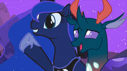 Size: 750x422 | Tagged: safe, edit, edited screencap, screencap, pharynx, princess luna, alicorn, changedling, changeling, pony, g4, to change a changeling, happy, meme, prince pharynx, the fun has been doubled