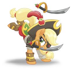 Size: 658x658 | Tagged: safe, applejack, g4, my little pony: the movie, clothes, eyepatch, female, hat, mouth hold, pirate, pirate applejack, solo, sword, weapon
