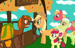 Size: 3198x2064 | Tagged: safe, artist:sb1991, apple bloom, applejack, big macintosh, granny smith, oc, oc:carrot root, pony, g4, autumn, carrot, farm, fence, food, gate, high res, link in description, sign, story art, tree