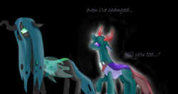 Size: 6890x3658 | Tagged: safe, artist:mr100dragon100, pharynx, queen chrysalis, changedling, changeling, g4, to change a changeling, black background, female, former queen chrysalis, light, male, mother and son, prince pharynx, simple background, text