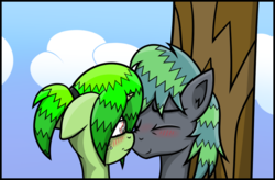 Size: 767x503 | Tagged: safe, artist:wellfugzee, oc, oc only, oc:bitter pill, oc:razzle, earth pony, pony, unicorn, bizzle, blushing, boop, cloud, cute, female, floppy ears, freckles, glasses, looking at each other, male, mare, noseboop, oc x oc, scrunchy face, shipping, sky, stallion, straight, tree