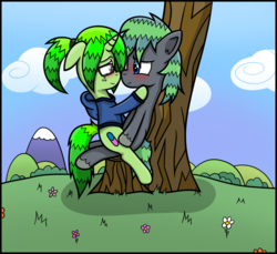 Size: 819x749 | Tagged: safe, artist:wellfugzee, oc, oc only, oc:bitter pill, oc:razzle, earth pony, pony, unicorn, bizzle, blushing, boop, cloud, cute, female, flower, freckles, glasses, grass, hill, leaning back, looking at each other, male, mare, mountain, noseboop, oc x oc, shipping, sitting on pony, sky, stallion, straight, tree trunk