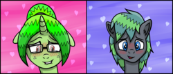 Size: 1193x516 | Tagged: safe, artist:wellfugzee, oc, oc only, oc:bitter pill, oc:razzle, earth pony, pony, unicorn, bizzle, blushing, cute, female, floppy ears, freckles, glasses, lip bite, looking at each other, male, mare, shipping, stallion, straight