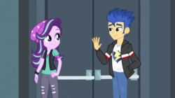 Size: 1280x718 | Tagged: safe, artist:themexicanpunisher, flash sentry, starlight glimmer, equestria girls, equestria girls specials, g4, my little pony equestria girls: friendship games, my little pony equestria girls: mirror magic, beanie, hat, waving