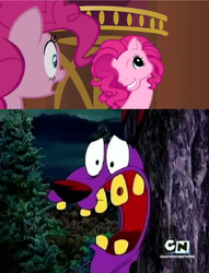 Size: 1204x1575 | Tagged: safe, edit, screencap, pinkie pie, dog, earth pony, pony, g4, too many pinkie pies, clone, courage (character), courage the cowardly dog, g3 faic, pinkie clone