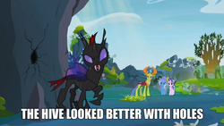 Size: 1276x718 | Tagged: safe, edit, edited screencap, screencap, pharynx, starlight glimmer, thorax, trixie, changedling, changeling, pony, unicorn, g4, to change a changeling, caption, female, king thorax, male, mare, raised hoof, throne