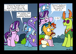 Size: 2463x1739 | Tagged: safe, artist:bobthedalek, starlight glimmer, sunburst, thorax, trixie, changedling, changeling, pony, unicorn, g4, to change a changeling, brush, comic, hat, king thorax, shower cap, surprised, towel