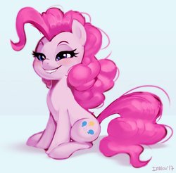 Size: 1145x1125 | Tagged: safe, artist:imalou, pinkie pie, earth pony, pony, g4, bedroom eyes, female, lip bite, mare, simple background, sitting, solo, white background