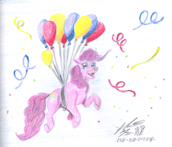 Size: 1624x1389 | Tagged: safe, artist:edhelistar, pinkie pie, earth pony, pony, g4, balloon, confetti, floating, signature, simple background, streamers, then watch her balloons lift her up to the sky, traditional art