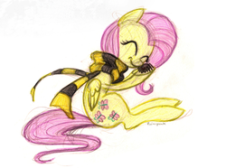 Size: 893x665 | Tagged: safe, artist:rainspeak, fluttershy, pony, spider, g4, clothes, colored sketch, cropped, eyes closed, female, folded wings, harry potter (series), hoof hold, hufflepuff, nuzzling, scarf, sitting, smiling, solo, traditional art