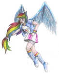 Size: 1595x1955 | Tagged: safe, artist:edhelistar, rainbow dash, equestria girls, g4, boots, clothes, compression shorts, female, human coloration, legs, ponied up, shoes, simple background, skirt, socks, solo, traditional art, white background, wristband