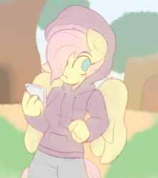 Size: 800x900 | Tagged: safe, artist:thepiday, fluttershy, anthro, g4, clothes, female, hoodie, phone, solo, sweater, sweatershy